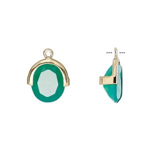 Drop, green onyx (dyed) and gold-finished sterling silver, 13x12.5mm single-sided faceted oval. Sold individually.