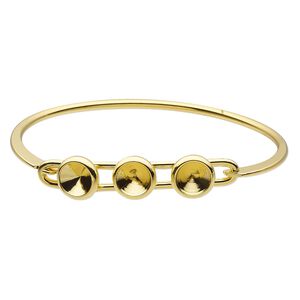 Bracelet, Almost Instant Jewelry&reg;, bangle, gold-finished brass, 11mm wide with (3) SS39 rivoli glue-in settings and latch bar, 8 inches. Sold individually.