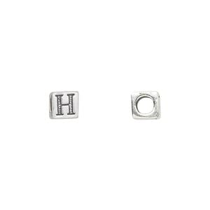 Bead 1pkg1 sterling silver, 5.5mm cube / letter H, antiqued Dione&reg;