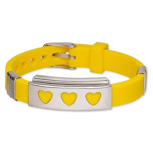 Bracelet, Softique&trade;, silicone and stainless steel, yellow, 16mm wide with 39x16mm rectangle and cutout hearts, adjustable from 5-1/2 to 7-1/2 inches with buckle-style closure. Sold individually.