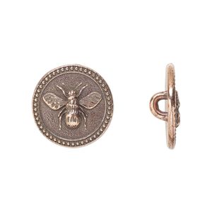 Button, TierraCast&reg;, antique copper-plated pewter (tin-based alloy), 15mm beaded flat round with bee and closed loop. Sold per pkg of 2.