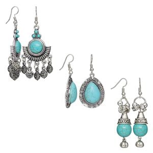 Earring, magnesite (dyed / stabilized) / glass / resin / antique silver-plated steel and "pewter" (zinc-based alloy), blue and clear, 45mm / 2-1/3 inches / 2-1/2 inches with fishhook ear wire. Sold per pkg of 3 pairs.
