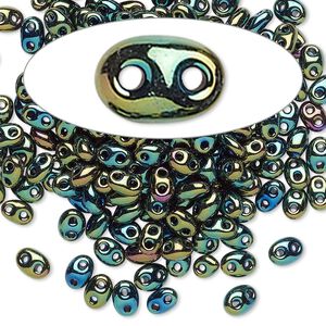 Seed bead, Preciosa Twin&trade; Czech glass, pkg/10g, 5x2.5mm oval, opaque olive iris black, (59155).