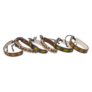Bracelet, leather, multicolored, 9.5mm wide, adjustable from 7-9 inches with macram&eacute; knot closure. Sold per pkg of 6.