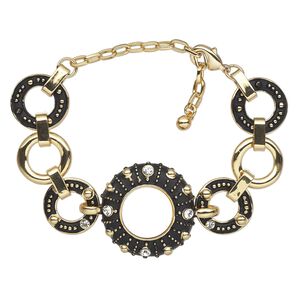 Bracelet, freshwater pearl shell (bleached) / glass rhinestone / epoxy / gold-finished "pewter" (zinc-based alloy), black / white / clear, 32mm puffed flat round, 7 inches with lobster claw clasp and 3-inch extender chain. Sold individually.