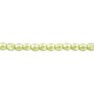 Bead, Czech fire-polished dipped d&eacute;cor glass, pearlescent lime green, 4mm faceted round. Sold per 15-1/2" to 16" strand.
