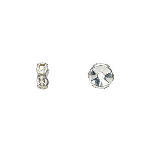 Bead 1pkg10 silver-plated, 7x3mm rondelle, brass / clear rhinestone