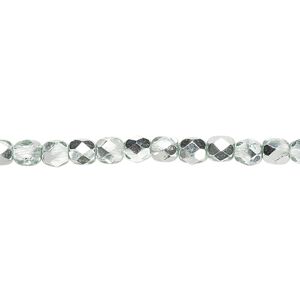 Bead, Czech fire-polished glass, clear with half-coat metallic icy teal, 4mm faceted round. Sold per 15-1/2" to 16" strand.