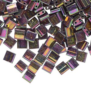 Seed bead, TILA&reg;, glass, pkg/10g, 5mm full tila square, opaque metallic iris green, (TL-1893).