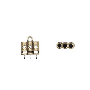Cord end glue-in 1pkg2 brass, 9.5x7mm / cutout diamond / 2sided / 2mm inside diameter, 3-strand / antiqued