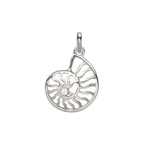 Charm, cubic zirconia and rhodium-plated sterling silver, clear, 17.5x16mm single-sided nautilus. Sold individually.