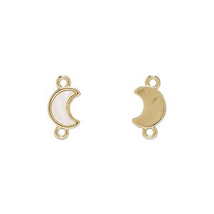 Link, gold-finished brass / mother-of-pearl shell (bleached) 1pkg2, white, 9x7mm moon.