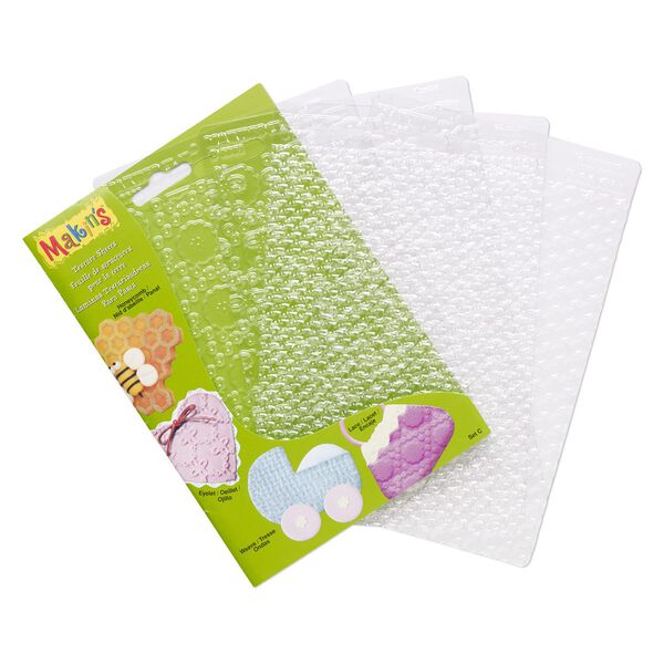 Texture plate, Makin's&reg;, plastic, clear, 6-1/4 x 4-1/2 inch textured rectangle with assorted textile patterns. Sold per 4-piece set. image number 0