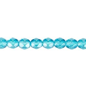 Bead, Czech fire-polished dipped d&eacute;cor glass, turquoise blue, 6mm faceted round. Sold per 15-1/2" to 16" strand, approximately 65 beads.