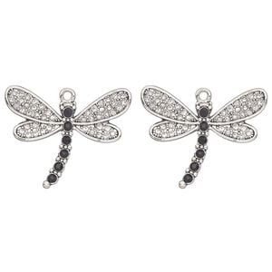 Focal, antique silver-finished "pewter" (zinc-based alloy) and glass, clear and black, 33x23mm single-sided dragonfly. Sold per pkg of 2.