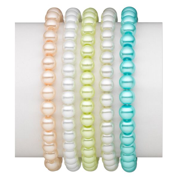 Bracelet, stretch, glass pearl, pastel colors, 6mm round, 6 inches. Sold per pkg of 5. image number 0