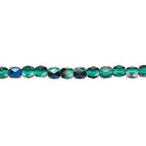 Bead, Czech fire-polished glass, green blue iris, 4mm faceted round. Sold per pkg of 1,200 (1 mass).