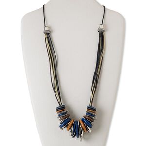 Necklace, stained wood / waxed cotton cord / plastic, multicolored, multi-shape, 16-28 inches with macram&eacute; knot closure, adjustable. Sold individually.