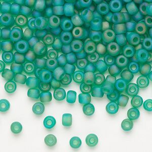 Seed bead, Dyna-Mites&trade;, glass, transparent frosted rainbow jade green, #6 round. Sold per 1/2 kilogram pkg.