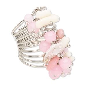 Ring, bamboo coral (bleached) / acrylic / glass / imitation rhodium-finished steel, white and pink, 30mm wide with flower, size 8. Sold individually.