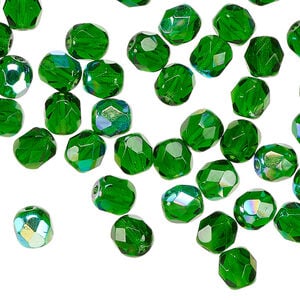 Bead 1pkg60, Czech fire-polished glass, translucent emerald green AB, 6mm faceted round.