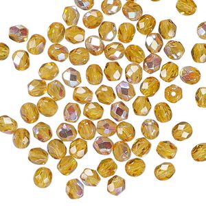 Czech fire-polished glass 1pkg1, faceted round bead translucent honey AB 1 mass 4mm
