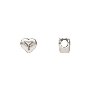 Bead 1pkg1 sterling silver, 7.5x7mm heart / letter Y, antiqued Dione&reg;