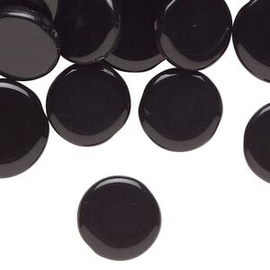 Bead, Czech pressed glass, opaque black, 14mm flat round. Sold per 2-ounce pkg, approximately 40 beads.