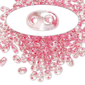 Seed bead, Preciosa Twin&trade; Czech glass, pkg/50g, 5x2.5mm oval, transparent rose terra color-lined clear, (38698).