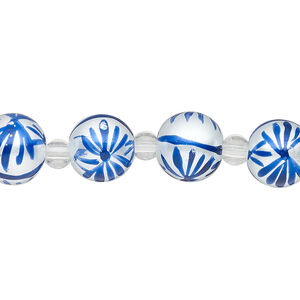 Bead, glass 1pkg8, opaque white and dark blue, 10mm hand-painted round.