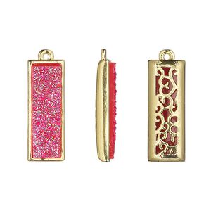 Drop, Druzylite&trade;, "druzy" (resin) and gold-finished brass, hot pink, 21x8mm two-sided rectangle with open filigree back. Sold per pkg of 4.