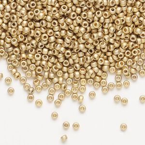 Seed bead, Miyuki, glass, pkg/4g, #11 rocaille, opaque 24Kt gold-plated matte light (RR-193F).