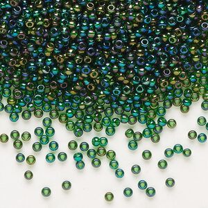Seed bead, Preciosa Ornela Czech glass, pkg/50g, #11 rocaille, translucent rainbow medium green, (51060).