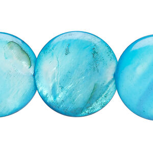 Mother-of-pearl shell 1pkg1, lentil-drilled puffed flat round bead 15 inch electric blue 24-25mm