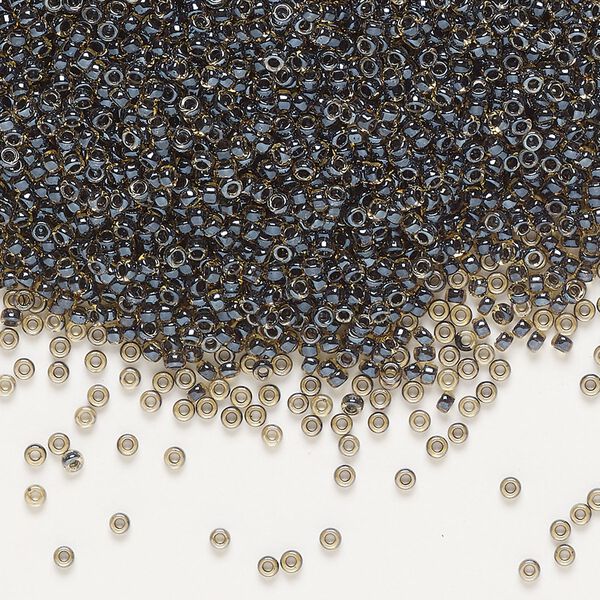 Seed bead, Miyuki, glass, pkg/35g, #15 rocaille, translucent black-lined luster topaz (RR-1840). image number 0