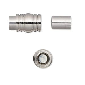 Clasp magnetic barrel 1pkg1, 16x10mm / fits 6mm cord / ribbed stainless steel 1-strand