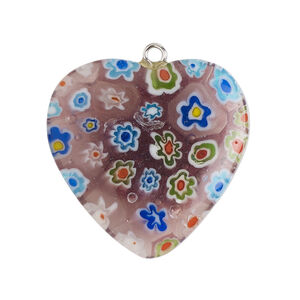 Focal 1pkg1, silver-finished steel / millefiori glass, transparent / translucent blue / multicolored, 29-31mm puffed heart.