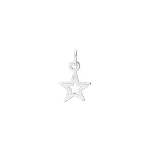Charm, sterling silver, 9mm open star. Sold per pkg of 4.