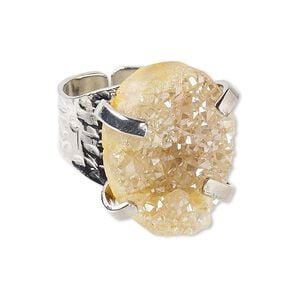 Ring, electroplated druzy agate (coated) and imitation rhodium-plated brass, champagne, hammered band with 24x18mm-27x21mm hand-cut freeform, adjustable. Sold individually.