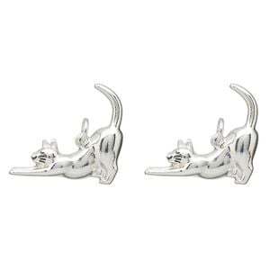 Charm, imitation rhodium-finished "pewter" (zinc-based alloy) and enamel, pink and black, 25x23mm stretching cat. Sold per pkg of 2.