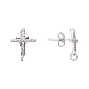 Earstud 1pkg2 imitation rhodium-plated / cubic zirconia, 14x12mm cross / 4mm 21 gauge open jump ring / earnuts, brass clear 1 pair