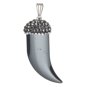 Hemalyke&trade; / brass / glass rhinestone 1pkg1, silver-finished double-sided talon pendant 35x21mm