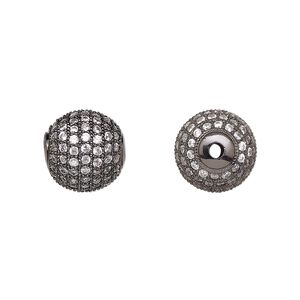 Bead 1pkg1 black-finished, 11.5mm textured round, brass / clear cubic zirconia