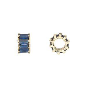 Bead 1pkg2 gold-plated, 10.5x6mm rondelle, brass / sapphire cubic zirconia