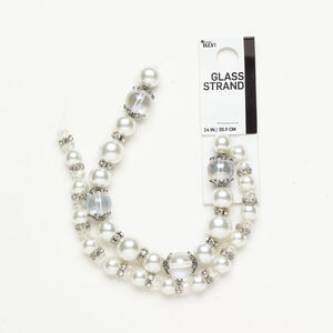 Bead and bead cap assortment 1pkg1, glass and antique silver-finished "pewter" (zinc alloy), opaque and transparent off-white and clear AB, 7-12mm round / 6x4mm-7x3mm rondelle / 11x5mm bead cap, 13-1/2 inches.