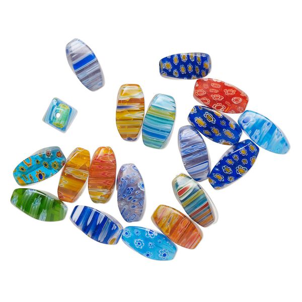 Bead mix, millefiori glass, opaque to transparent multicolored, 19x10mm-21x10mm with 0.4-0.6mm hole. Sold per 2-ounce pkg, approximately 15-20 beads. image number 0