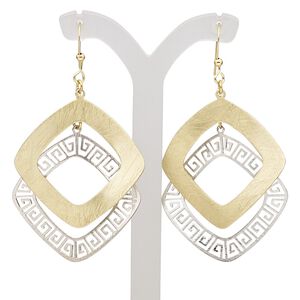 Earring, gold-finished steel and imitation rhodium-plated brass, 2-1/2 inches with scratched open wavy diamond and scratched open wavy diamond with Greek key cutout design and fishhook ear wire. Sold per pair.