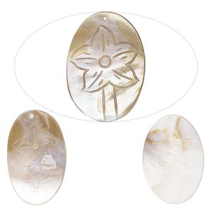 Focal, mother-of-pearl shell (natural/bleached) 1pkg3, 42x30mm-54x34mm top-drilled hand-carved oval with flower design.