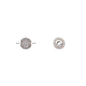 Bead 1pkg1 silver-finished, 5.5mm textured round, brass / clear cubic zirconia