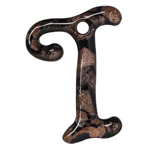 Focal, lampworked glass, semitransparent black and clear with copper-colored glitter, 43x32mm single-sided letter I with 3.5-4.5mm hole. Sold individually.